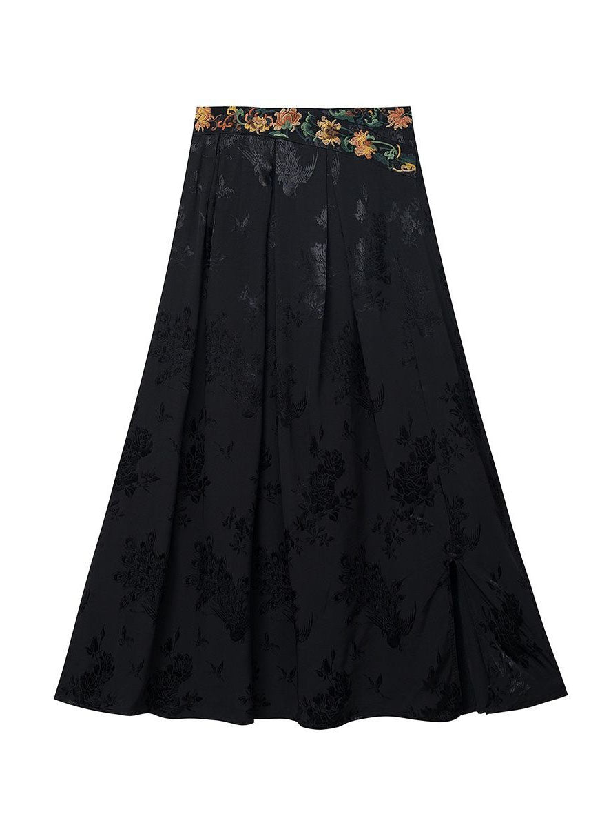 Vintage Black Wrinkled Embroideried Patchwork Silk Skirts Spring