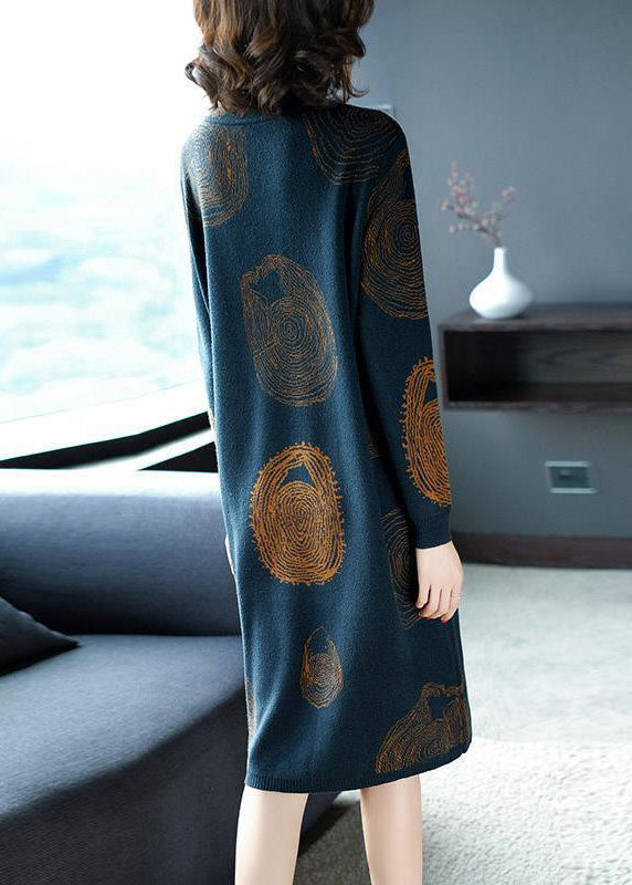 Vintage Blackish Green High Neck Oversized Print Knit Sweater Dress Winter