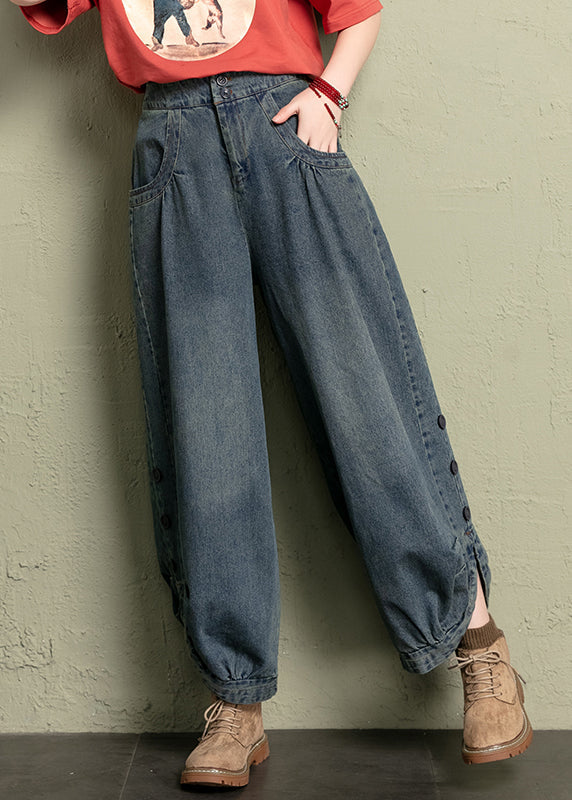 Vintage Blue Button Pockets Elastic Waist jeans Spring