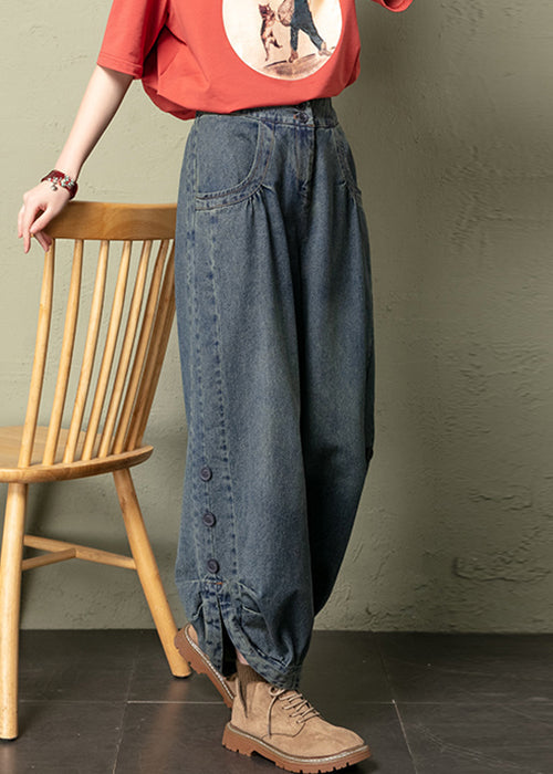 Vintage Blue Button Pockets Elastic Waist jeans Spring