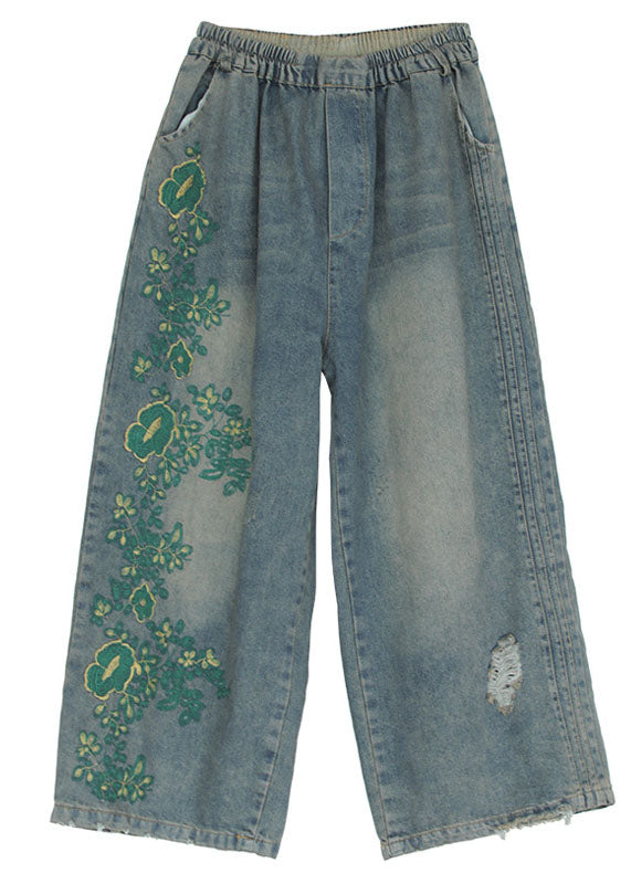 Vintage Blue Embroideried Cotton Ripped Jeans Pants Fall
