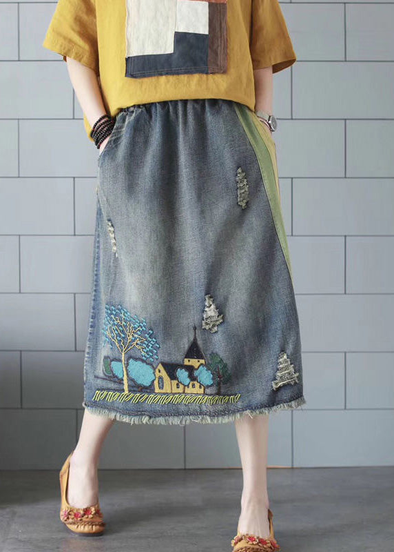 Vintage Blue Embroideried Floral Patchwork Patchwork A Line Skirt Summer