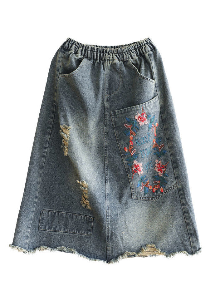 Vintage Blue Embroideried Floral Patchwork Patchwork A Line Skirt Summer