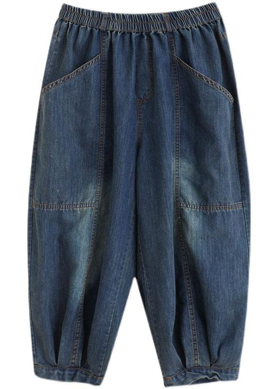 Vintage Blue High Waist Pockets lantern Casual Fall Pants - Omychic