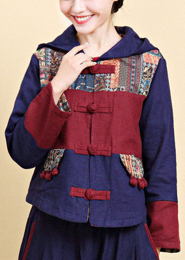 Vintage Blue Hooded Patchwork Oriental Button Linen Jacket Fall