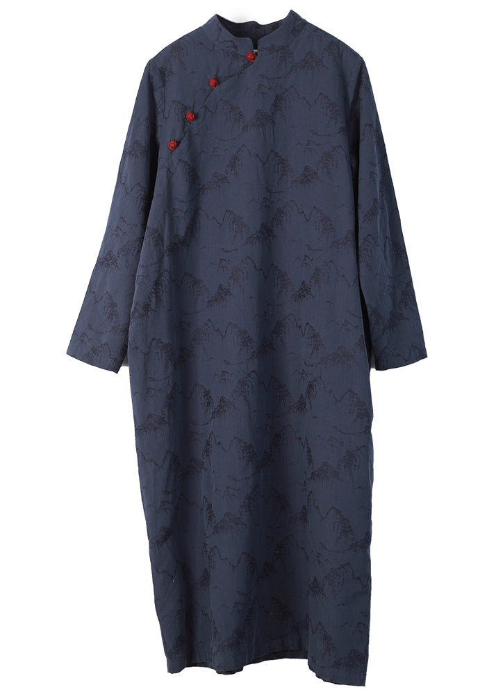 Vintage Blue Mandarin Collar Button print Dresses caftan Long Sleeve