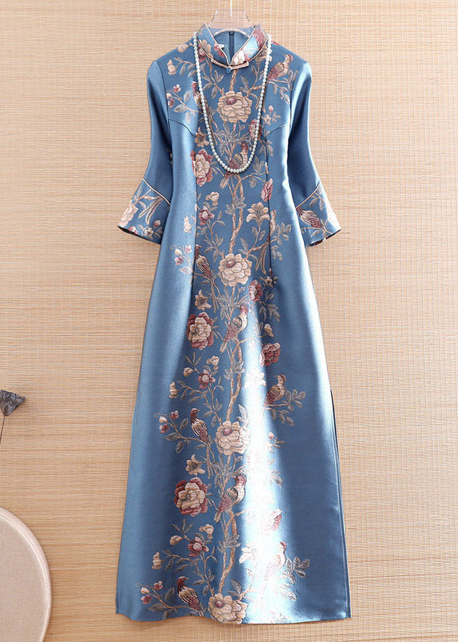 Vintage Blue Mandarin Collar Print Silk Long Dress Cheongsam Long Sleeve