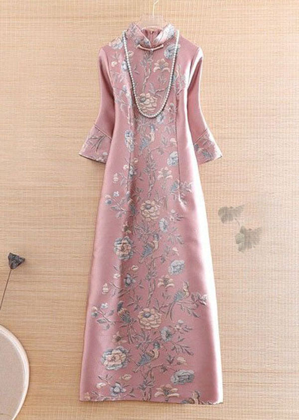 Vintage Blue Mandarin Collar Print Silk Long Dress Cheongsam Long Sleeve