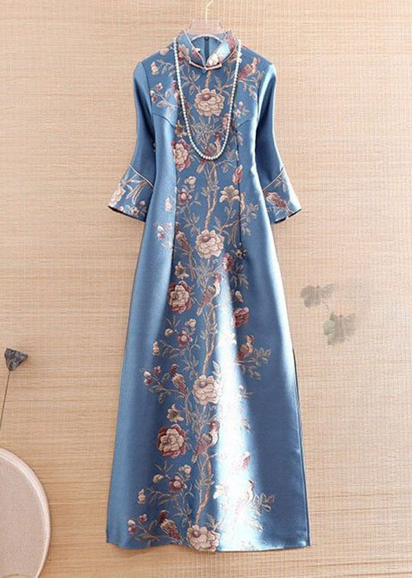 Vintage Blue Mandarin Collar Print Silk Long Dress Cheongsam Long Sleeve