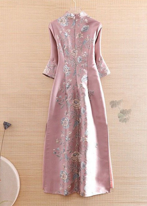 Vintage Blue Mandarin Collar Print Silk Long Dress Cheongsam Long Sleeve