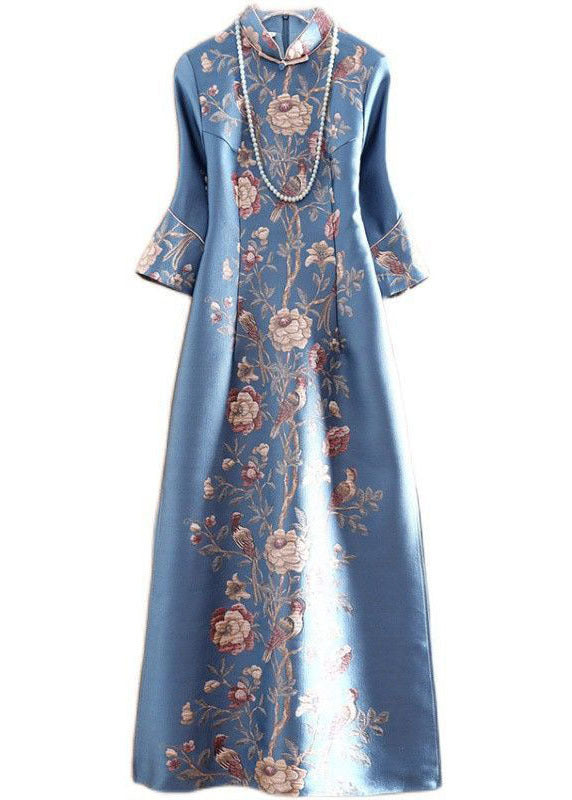 Vintage Blue Mandarin Collar Print Silk Long Dress Cheongsam Long Sleeve