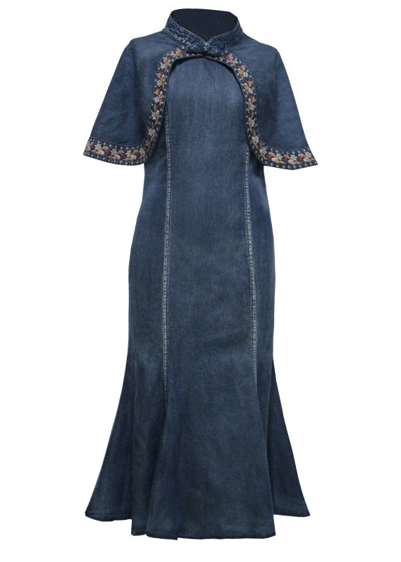 Vintage Blue Mandarin Collar Ruffled Cotton Long Denim Dress Cloak sleeve