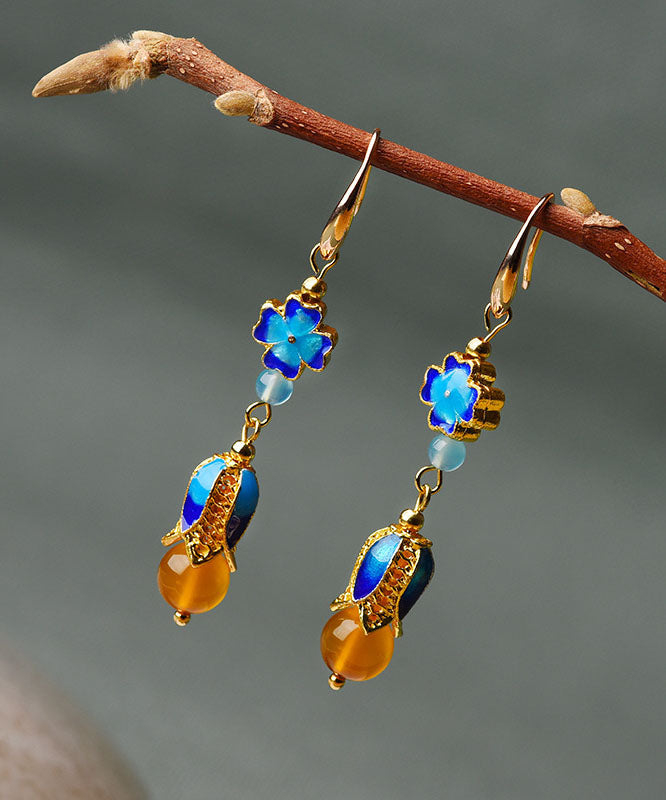 Vintage Blue Metal Agate 14K Gold Original Design Drop Earrings