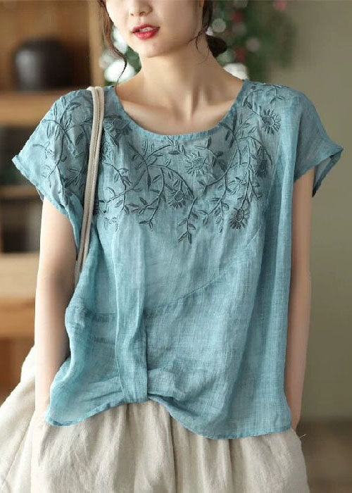 Vintage Blue O-Neck Embroideried Linen Tanks Summer