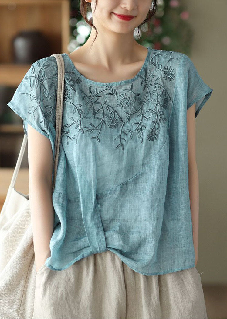 Vintage Blue O-Neck Embroideried Linen Tanks Summer