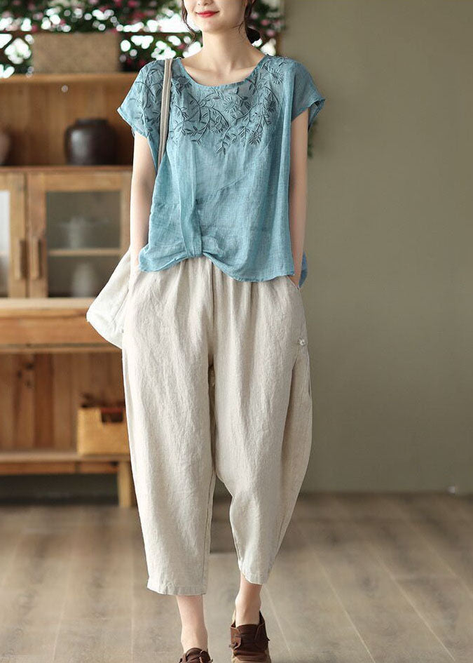 Vintage Blue O-Neck Embroideried Linen Tanks Summer