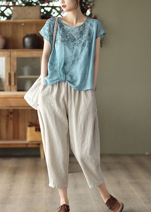 Vintage Blue O-Neck Embroideried Linen Tanks Summer