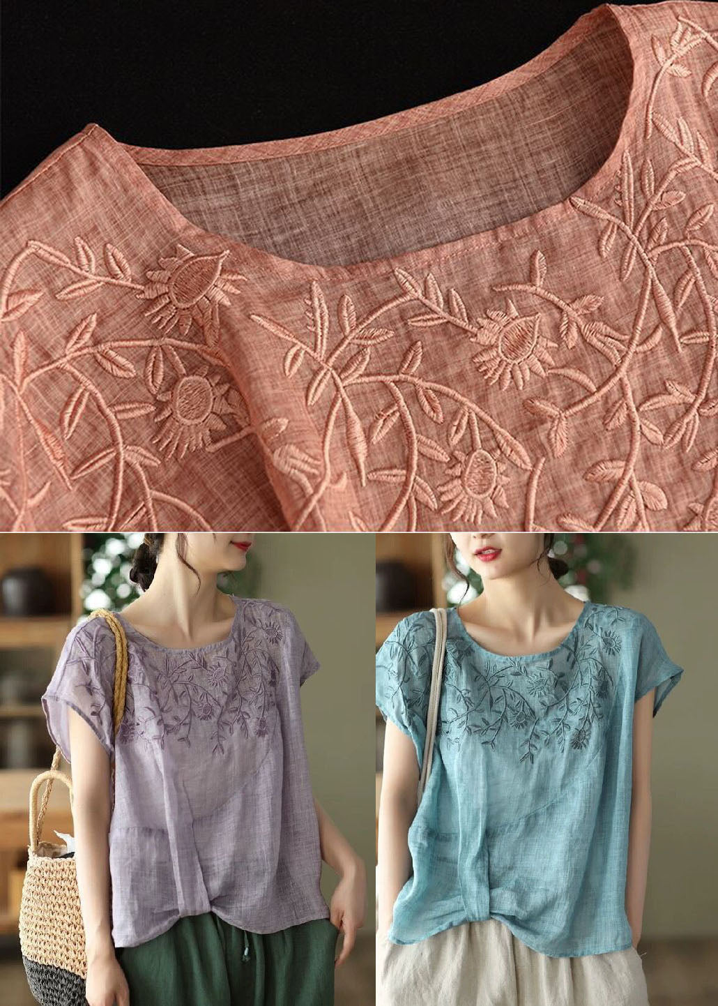 Vintage Blue O-Neck Embroideried Linen Tanks Summer