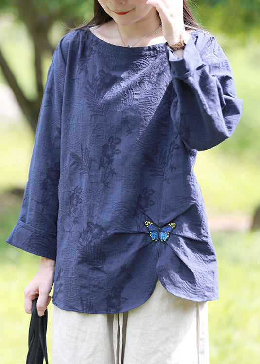 Vintage Blue O-Neck Jacquard Butterfly Embroideried Cotton Blouses Top Spring