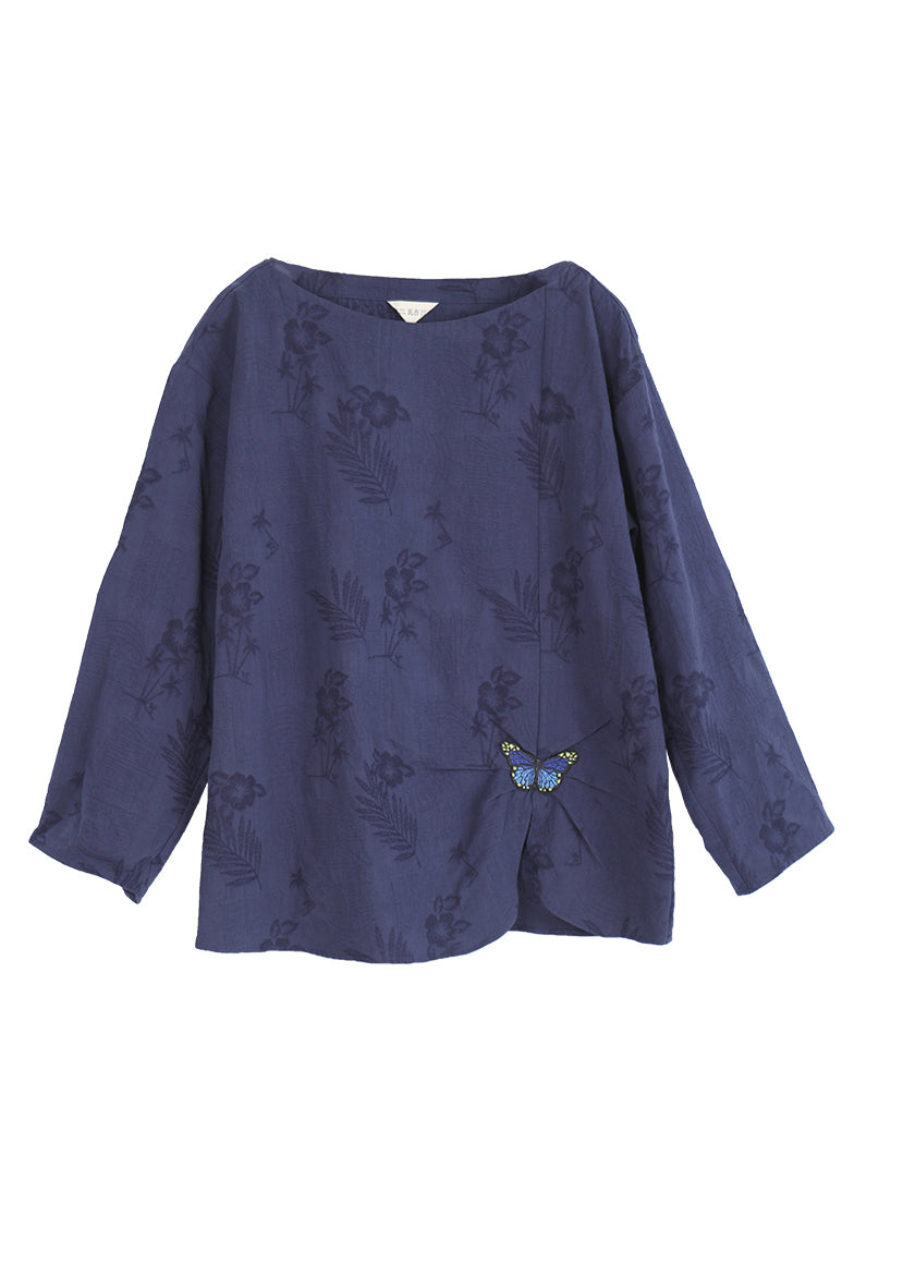 Vintage Blue O-Neck Jacquard Butterfly Embroideried Cotton Blouses Top Spring