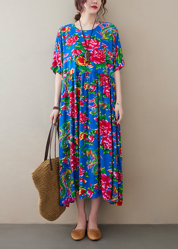 Vintage Blue O-Neck wrinkled Floral Print Long Dress Short Sleeve