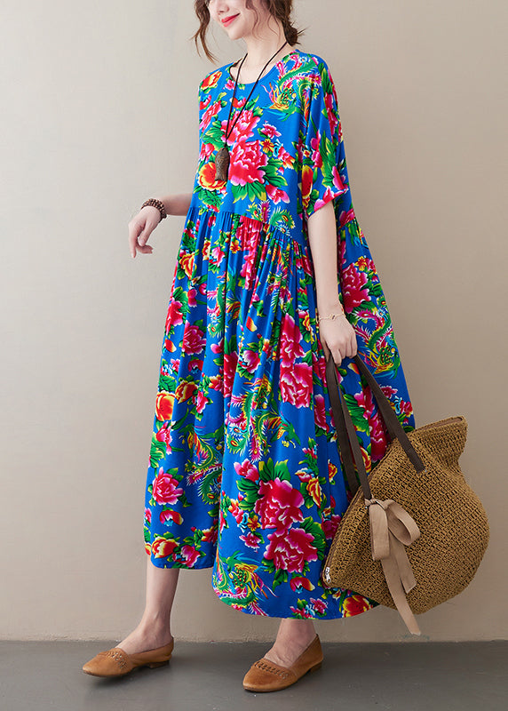 Vintage Blue O-Neck wrinkled Floral Print Long Dress Short Sleeve