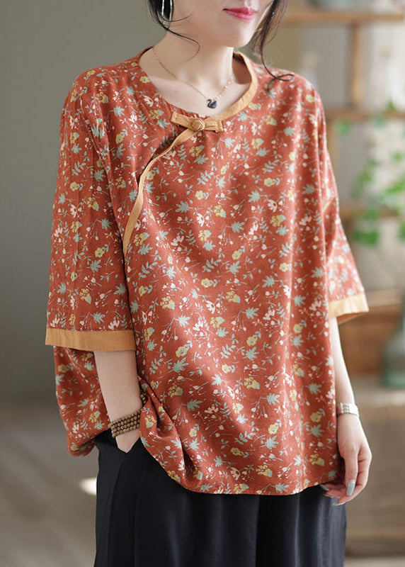 Vintage Blue Oversized Print Chinese Button Linen Blouse Top Half Sleeve