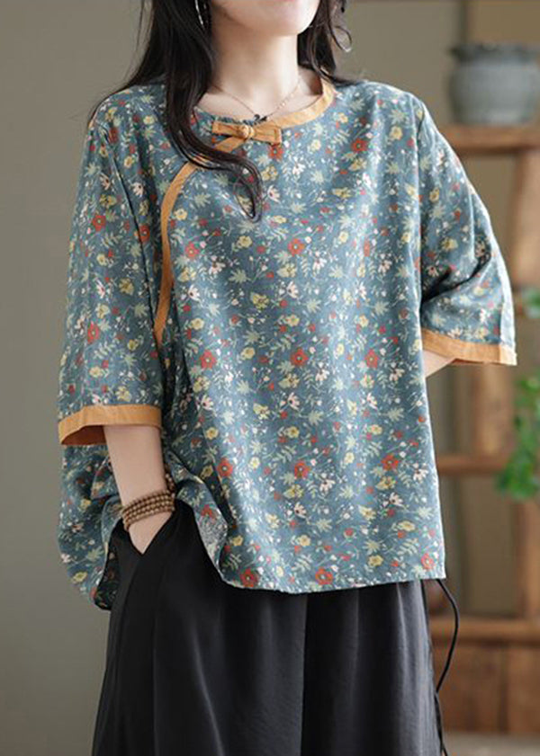 Vintage Blue Oversized Print Chinese Button Linen Blouse Top Half Sleeve