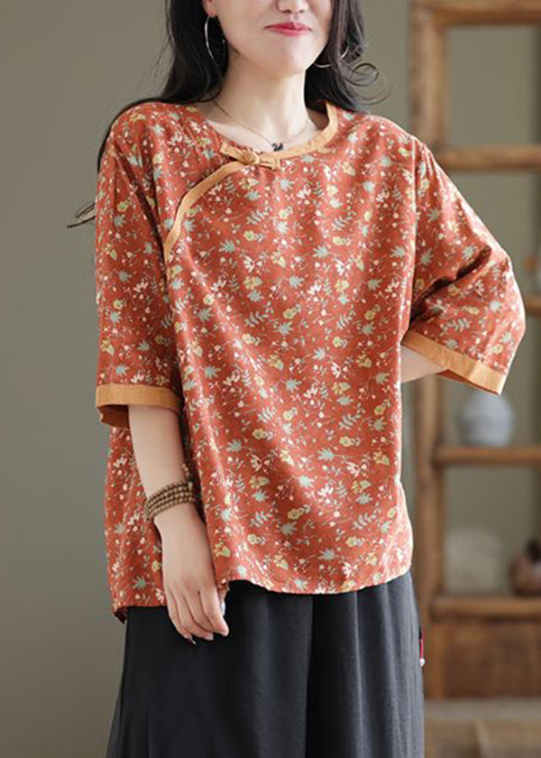 Vintage Blue Oversized Print Chinese Button Linen Blouse Top Half Sleeve