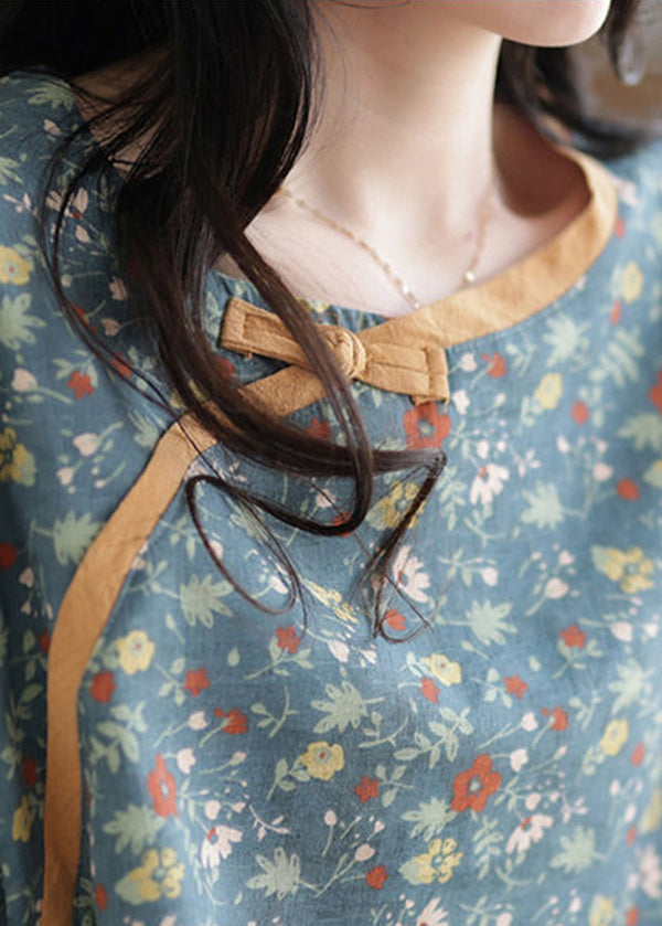 Vintage Blue Oversized Print Chinese Button Linen Blouse Top Half Sleeve