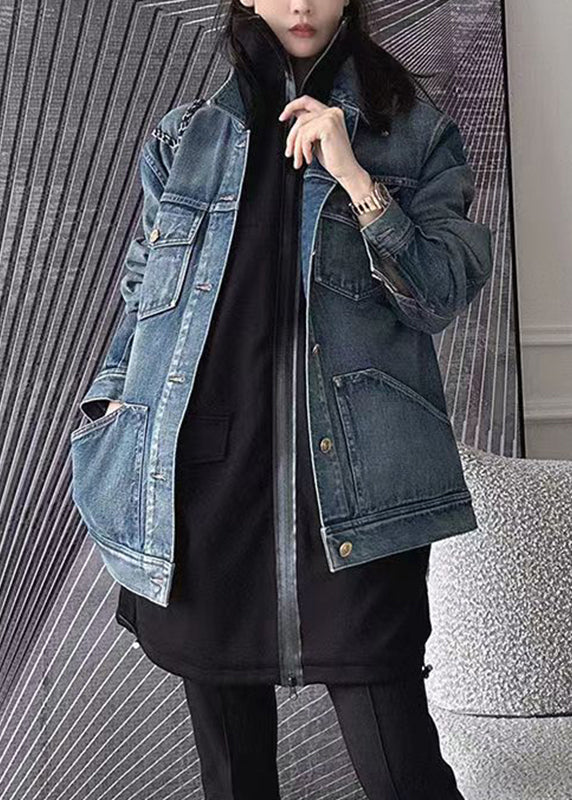 Vintage Blue Patchwork Button Denim Coat Long Sleeve - Omychic