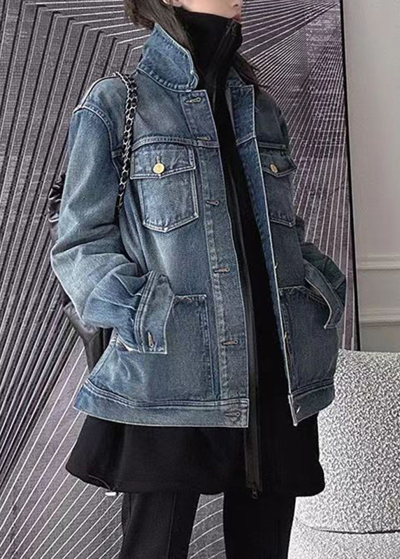 Vintage Blue Patchwork Button Denim Coat Long Sleeve - Omychic