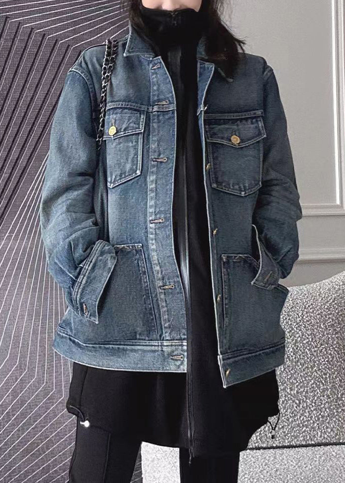 Vintage Blue Patchwork Button Denim Coat Long Sleeve - Omychic