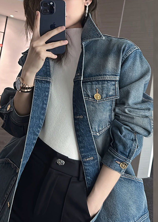 Vintage Blue Patchwork Button Denim Coat Long Sleeve - Omychic