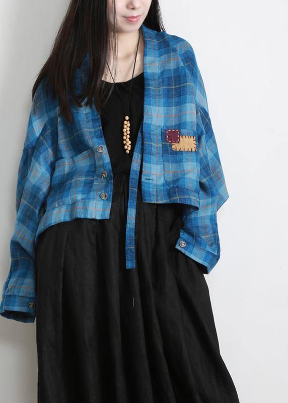 Vintage Blue Plaid Batwing Sleeve Linen Summer Shirt Tops - Omychic