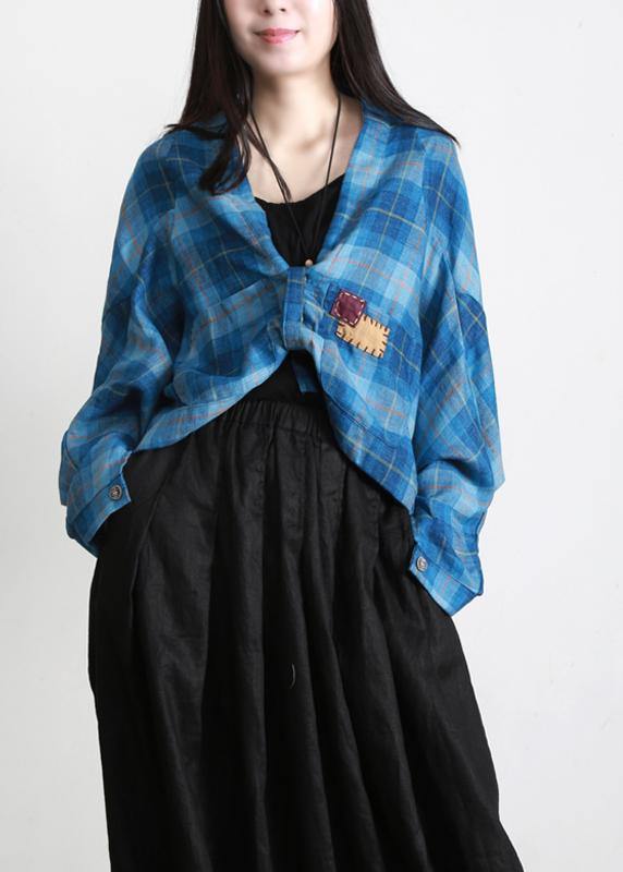 Vintage Blue Plaid Batwing Sleeve Linen Summer Shirt Tops - Omychic