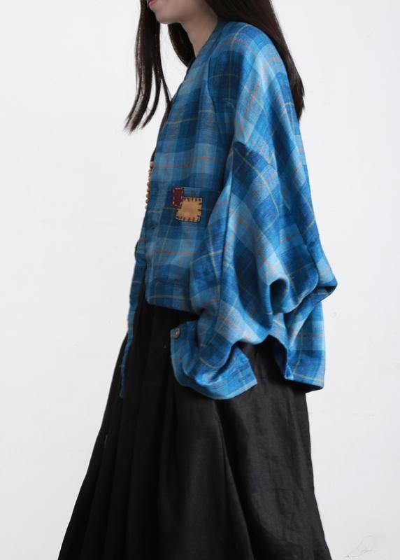 Vintage Blue Plaid Batwing Sleeve Linen Summer Shirt Tops - Omychic