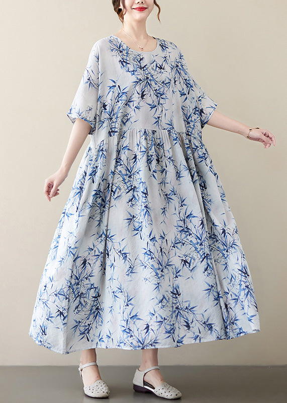Vintage Blue Print Wrinkled Patchwork Robe Dresses Summer - Omychic