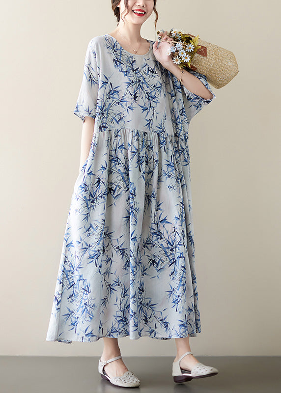 Vintage Blue Print Wrinkled Patchwork Robe Dresses Summer - Omychic