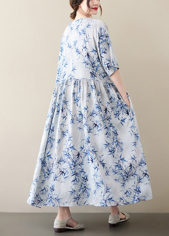 Vintage Blue Print Wrinkled Patchwork Robe Dresses Summer