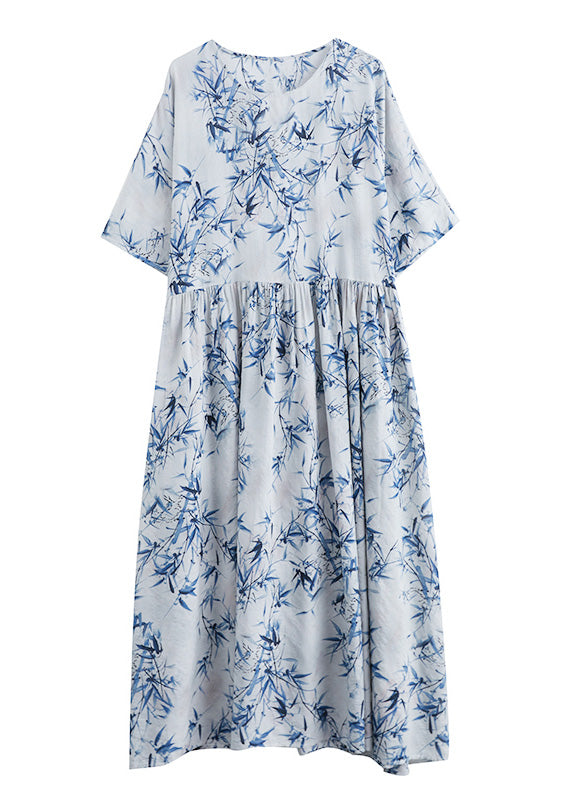 Vintage Blue Print Wrinkled Patchwork Robe Dresses Summer
