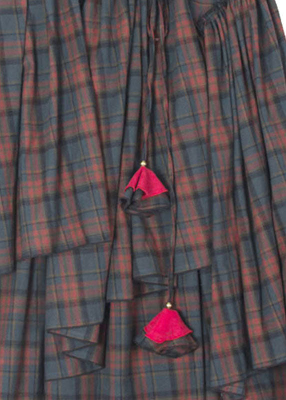 Vintage Blue Red Plaid Patchwork Wrinkled Tie Waist Maxi Skirts