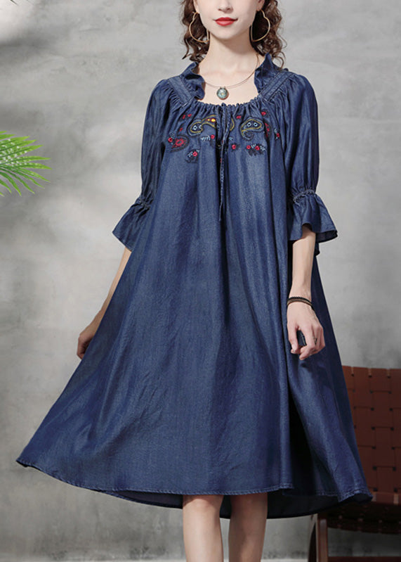 Vintage Blue Square Collar Embroideried Floral Ruffled Patchwork Long Dresses Half Sleeve