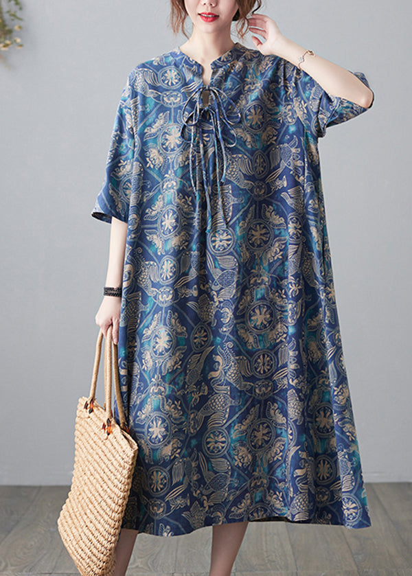 Vintage Blue Stand Collar Lace Up Print Linen Dresses Half Sleeve