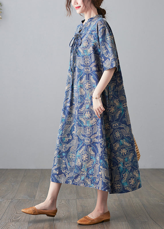 Vintage Blue Stand Collar Lace Up Print Linen Dresses Half Sleeve