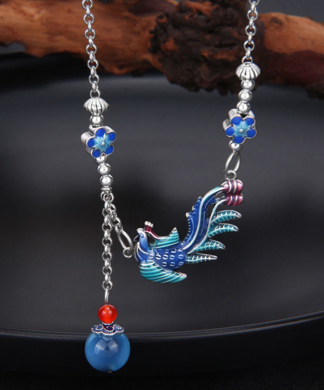 Vintage Blue Sterling Silver Tassel Cloisonne Floral Enamel Phoenix Pendant Necklace