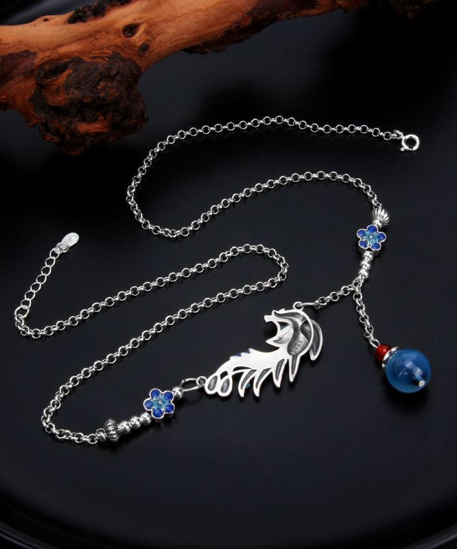 Vintage Blue Sterling Silver Tassel Cloisonne Floral Enamel Phoenix Pendant Necklace