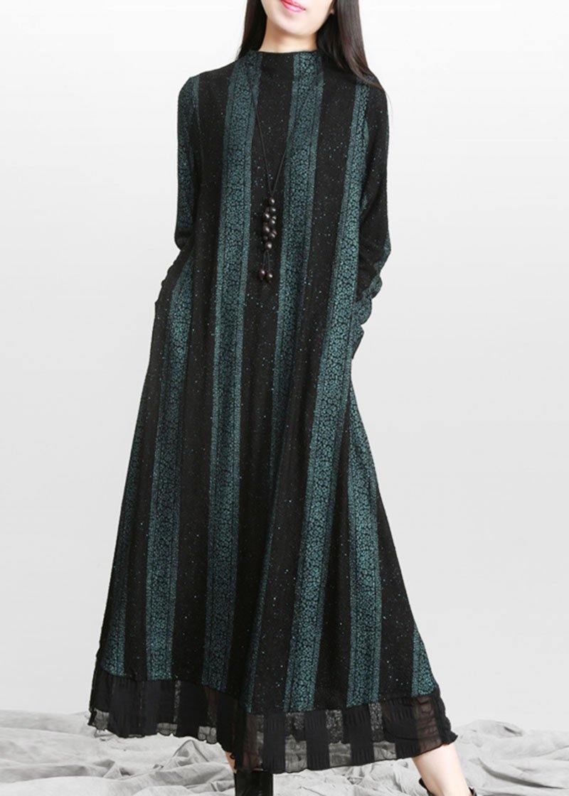 Vintage Blue Striped PatchworkChiffon Fall Long Dresses - Omychic