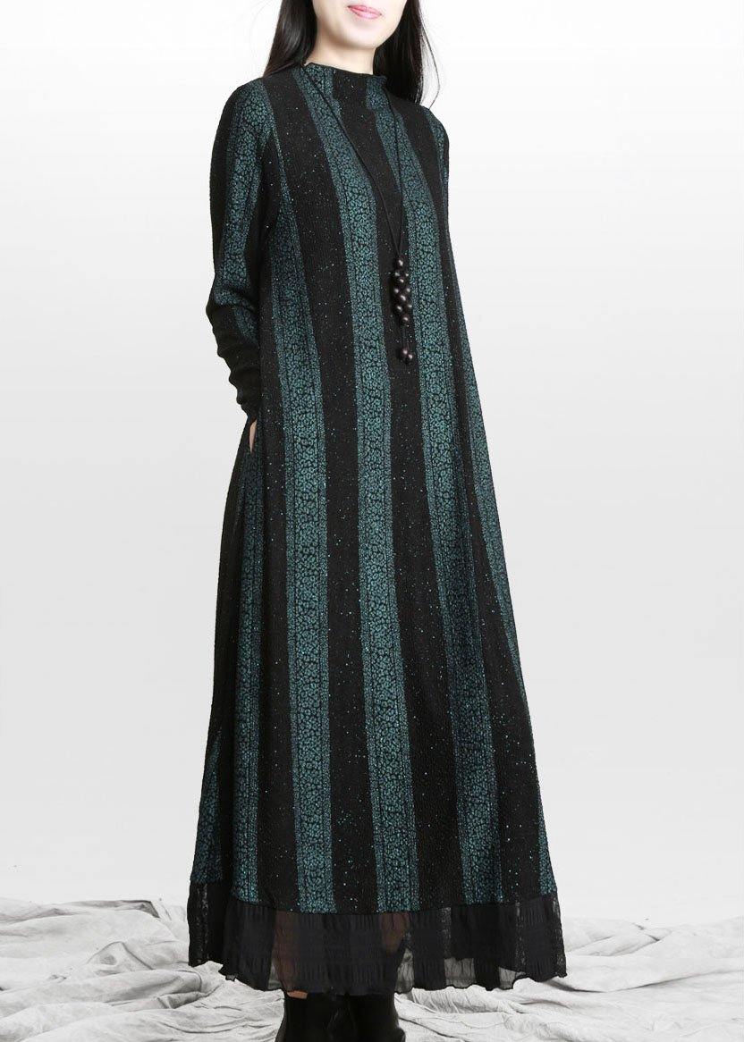 Vintage Blue Striped PatchworkChiffon Fall Long Dresses - Omychic