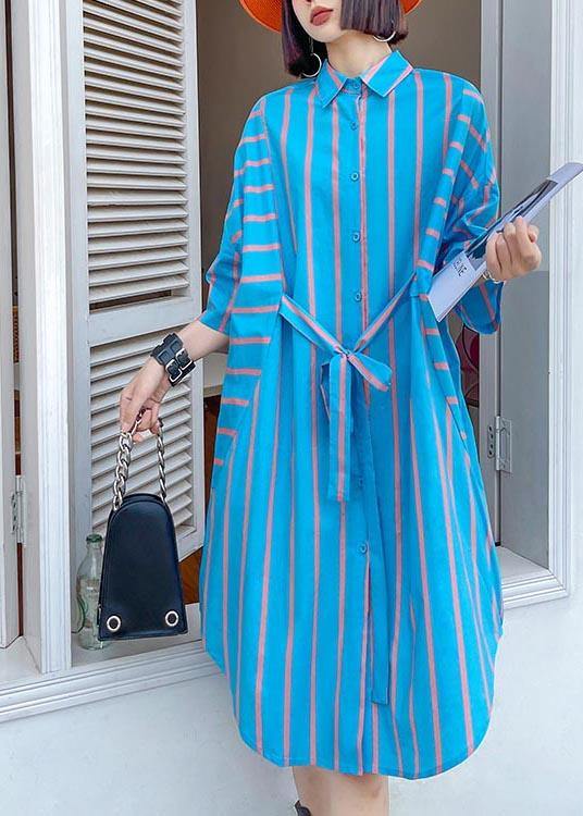 Vintage Blue Striped tie waist Summer Maxi Dresses - Omychic